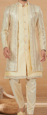 Exclusive Contrasting cream Thread and Detailed Embroidery Work Indo Western, Sherwani | Indian Traditional Mens Wear